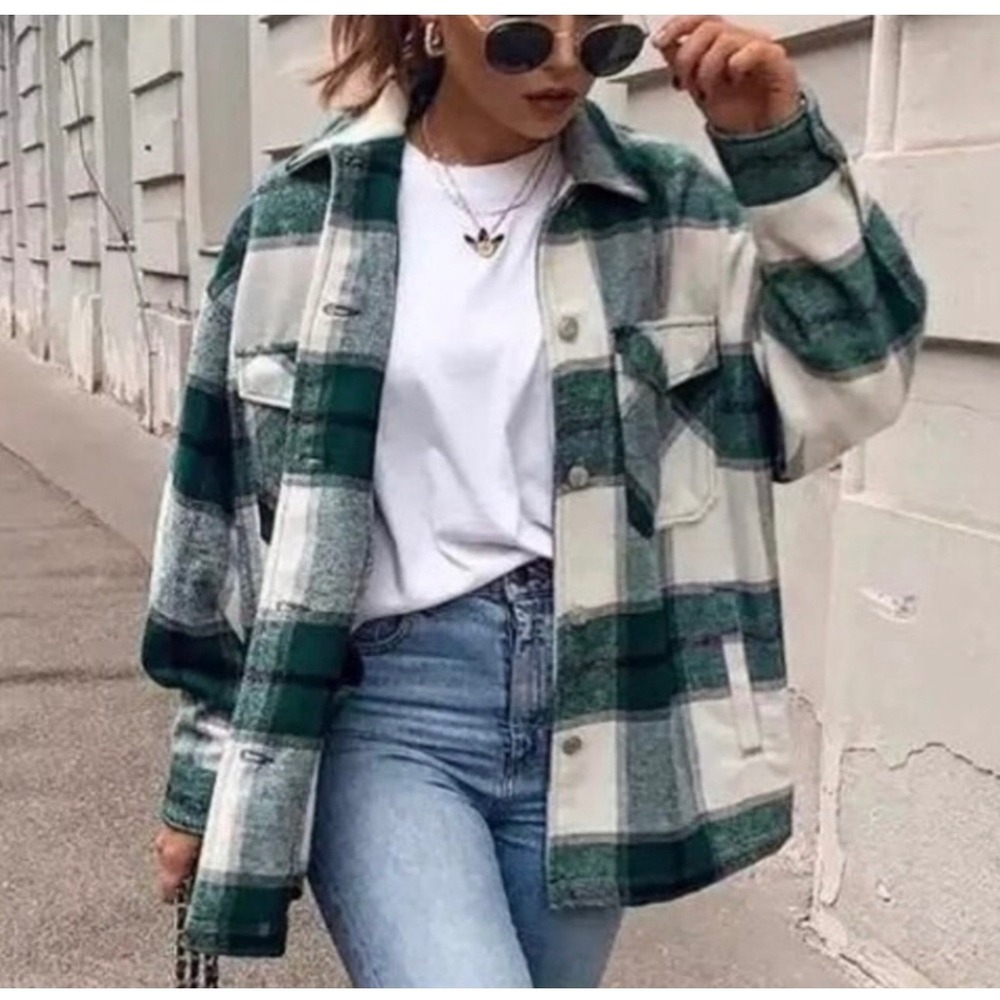 Avec Les Filles Green White Plaid Oversized Shacket Button Front Jacket Large
